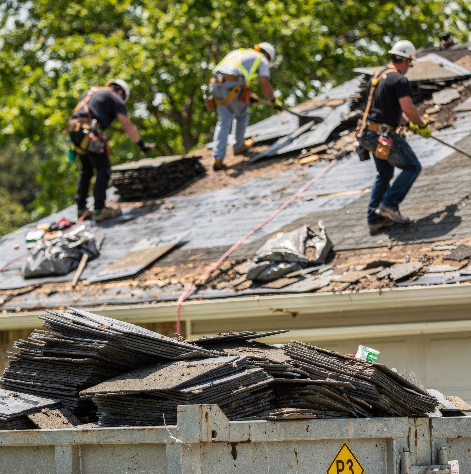 Roofers tearing off old shingles