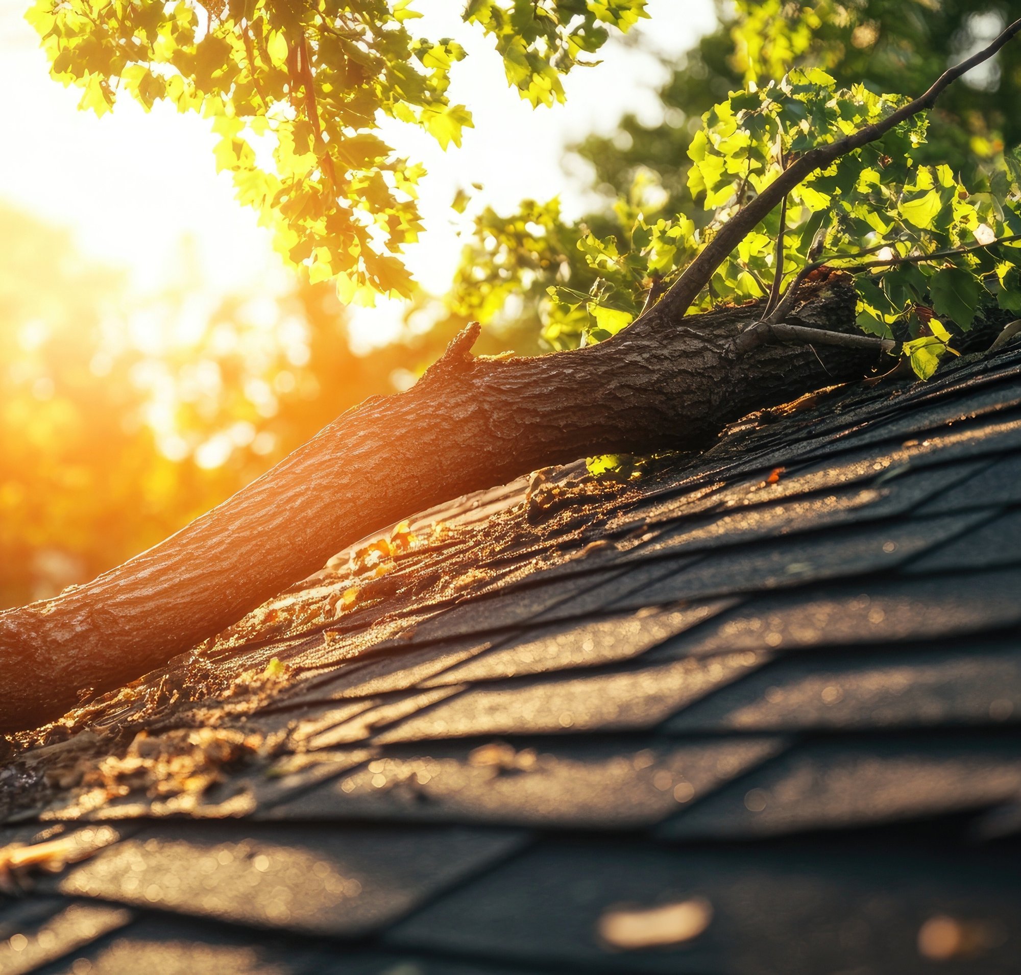 Tree on damaged roof from storm 